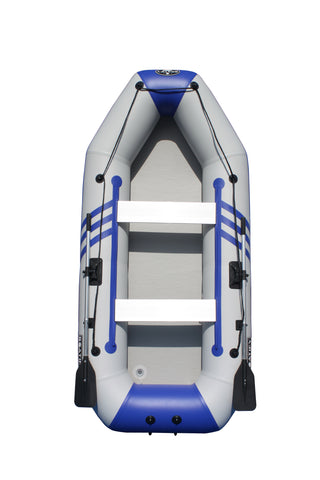 Boatify 9.8ft Inflatable Fishing Boat Raft Dinghy Pontoon Kayak with Air Floor with Motor Bracket-Grey and Blue